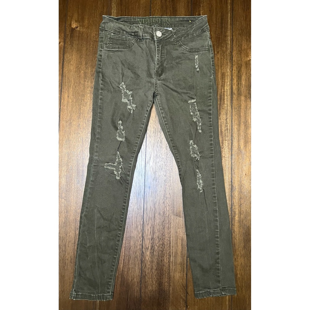 VIP Jeans Juniors Olive Green‎ Distressed Skinny Jeans Size 11 12